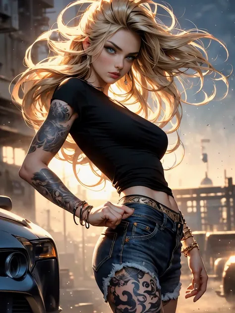 masterpiece, Cowboy shot, (1woman), (golden hairs), (Black tshirt:1.2), (beautiful blue seductive eyes), (tribal tattoo on hands), White, Orange and Blue colors, Foggy background, Graceful pose, (looking at viewer), (front view), (from sky), (bokeh:1.2)