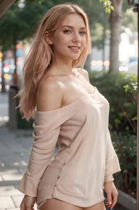 Hyper realistic, ultra detailed photograph of a woman with messy blond hair (pink highlights) wearing an off shoulder slim sweter, mature face, ((full body shot)), laughing out loud and dancing, sunlight fractal details, depth of field, detailed gorgeous f...