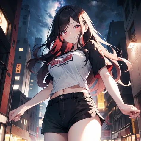 (masutepiece,Best Quality,8K),(extremely detailed CG1.1),teens girl,Smile,large boob,(From below:1.2),Intricate details , Hyper realistic, Perfect Anatomy,A dark-haired,Red Eyes,(((Forehead))),Permed hair with wavy hair,(((length hair))),Hair over one eye,...