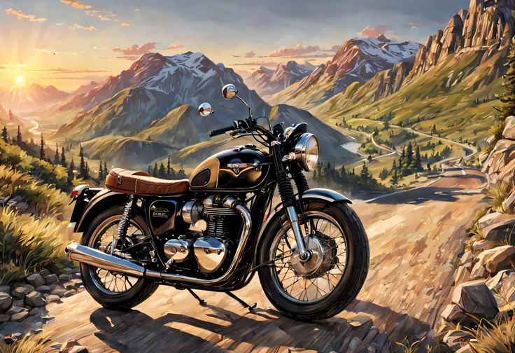 (best quality,highres,masterpiece:1.2),ultra-detailed,realistic,photorealistic:1.37,illustration,[Triumph Bonneville 1950],mountainous landscape,fast, sunset, plenty of details, distant view