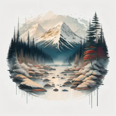 white background, landscape, paint, mountains with snow, water, lake , pine trees, t-shirt design, vector art