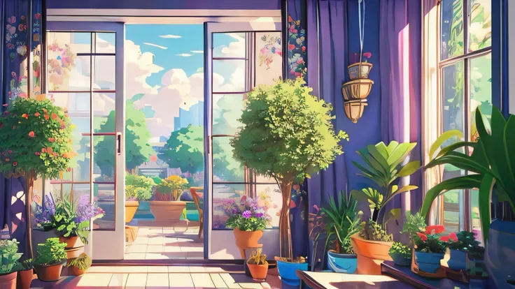 There are potted plants inside, Anime background art, floral environment, arte de fundo, interior background art, drawn in anime painter studio， anime backgrounds, Lots of plants and flowers, beautiful anime scenes，liveroom，inside in room，Warm，Purple flowe...