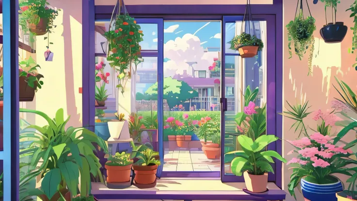 There are potted plants inside, Anime background art, floral environment, arte de fundo, interior background art, drawn in anime painter studio， anime backgrounds, Lots of plants and flowers, beautiful anime scenes，liveroom，inside in room，Warm，Purple flowe...