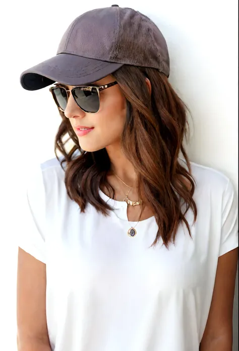 A woman wearing a hat and sunglasses standing against a wall, wearing sunglasses and a cap, wearing a baseball cap, wearing a baseball hat, cabelos ondulados na altura dos ombros, wearing baseball cap, wearing sunglasses and a hat, cabelos longos ondulados...