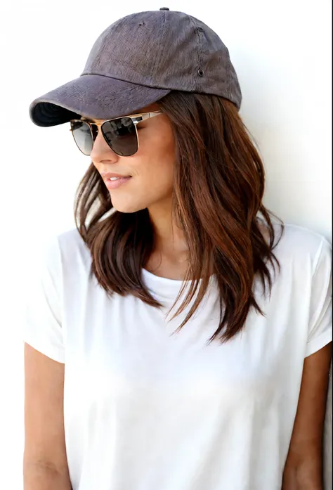 A woman wearing a hat and sunglasses standing against a wall, wearing sunglasses and a cap, wearing a baseball cap, wearing a baseball hat, cabelos ondulados na altura dos ombros, wearing baseball cap, wearing sunglasses and a hat, Cabelos longos ondulados...