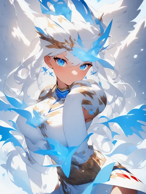 masterpiece, Cowboy shot, (1woman), (white fox), (tribal dress:1.2), (beautiful blue eyes), ((tribal (Eagle) tattoo)), white and blue colors, foggy background, dynamic pose, (looking at viewer), (front view), (from sky), (bokeh:1.2)