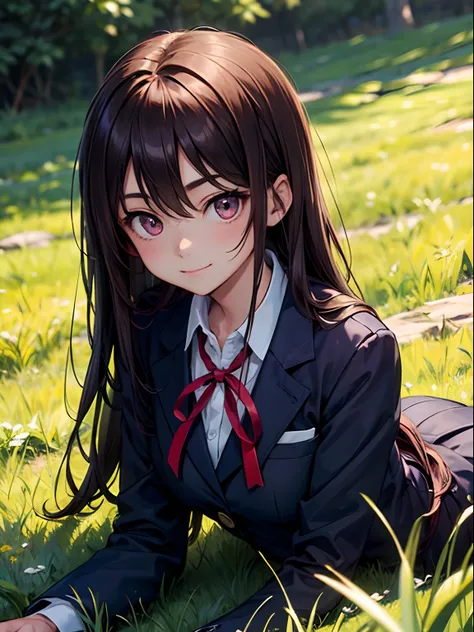 high-level image quality、Brown hair long hair、Navy blue blazer school uniform with red ribbon、Reddish-purple eyes、grass field、Dark Tone、Shy smile, Vibrant colors、The upper part of the body, Delicate drawing、