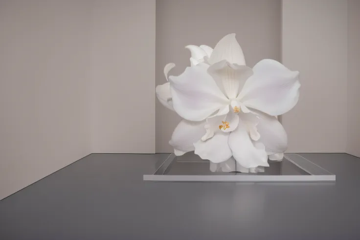 there is a white flower that is on a glass stand, koons, by Jeff Koons, 3 d giant orchid flower, neri oxman, tokujin yoshioka, su fu, orchid made of mother of pearl, 2 0 1 4, 2014, kim hyun joo, kara walker james jean, kan liu, kara walker, woo kim