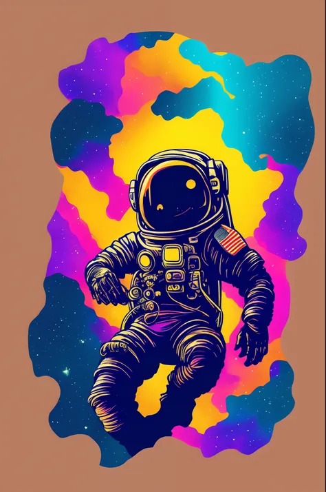 An astronaut sitting on a rock in a relaxed position, avec un ours, dans un cercle, with black background and art vector style, in a vibrant and characteristic sunset, with a detailed, sharp outline, as a t-shirt logo in art style