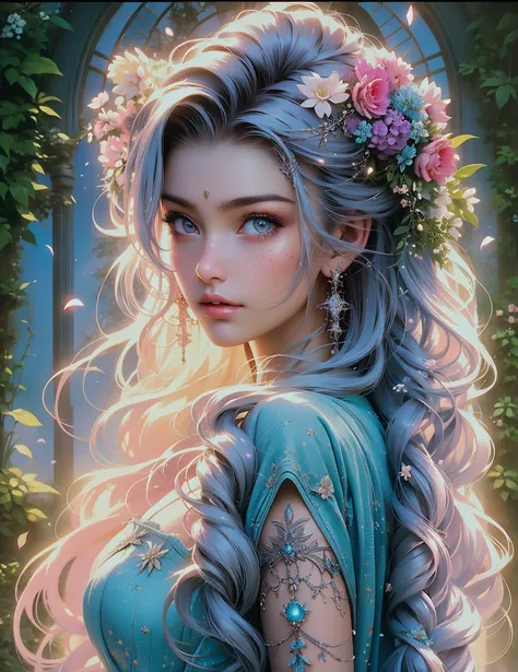 (best quality,realistic),soft lighting,enchanting garden backdrop,flowing hair in the wind,dreamy atmosphere,vibrant colors,ethereal glow,subtle freckles,flowers in the hair,serene expression,gentle breeze,graceful movements.