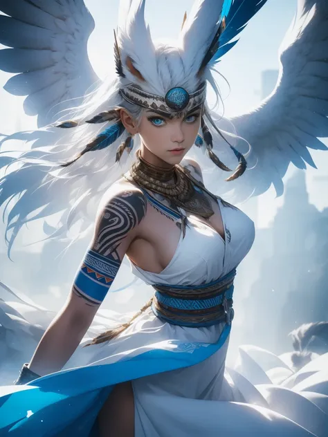 masterpiece, Cowboy shot, (1woman), (white fox), (tribal dress:1.2), (beautiful blue eyes), ((tribal (Eagle) tattoo)), white and blue colors, foggy background, dynamic pose, (looking at viewer), (front view), (from sky), (bokeh:1.2)