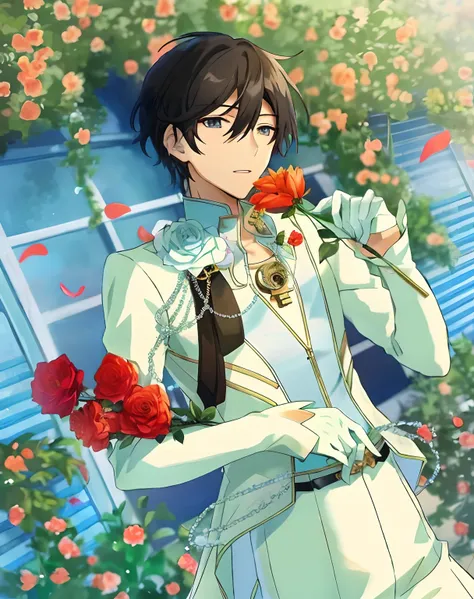 Anime girl standing in front of the building，Flowers in hand, anime key visual of elegant, the flower prince, Beautiful androgynous prince, Delicate androgynous prince, Handsome prince, Handsome anime pose, Anime handsome man, Key anime art, An anime cover...