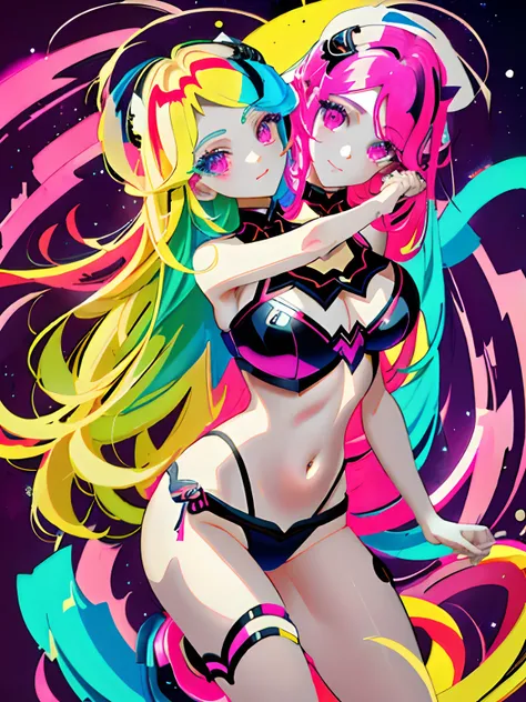 (masterpiece, best quality), best resolution, (2heads:1.5), 1girl, Woman with long light hair and bright makeup, perfect clear face, perfect anatomy, painting of a, Vivid neon ink painting, Vibrant digital painting, Vibrant digital art, colorful art, art o...