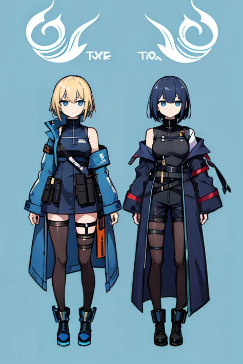 Anime character in blue coat, black t-shirt and blue jeans, single character full body, female protagonist,15 years, You can see the sword over his shoulder, Blonde woman with golden short hair, Cyan eyes, Blue Armbands, Shoulders covered, The sleeves of t...