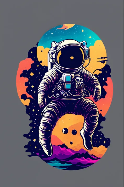 An astronaut sitting on a rock in a relaxed position, avec un ours, dans un cercle, with black background and art vector style, in a vibrant and characteristic sunset, with a detailed, sharp outline, as a t-shirt logo in art style