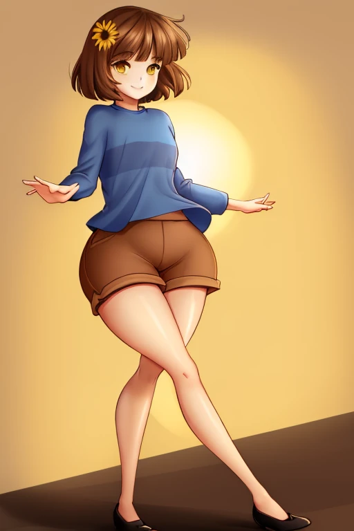 ((best quality)), ((masterpiece)), (detailed), Undertale Frisk, brown hair, (brown shorts:1.3), bob cut, short hair, black pantyhose, (blue shirt:1.3), yellow eyes, (1girl:1.3), (solo:1.3), striped, striped shirt, smiling, (sun flower), (hyper bottom heavy...