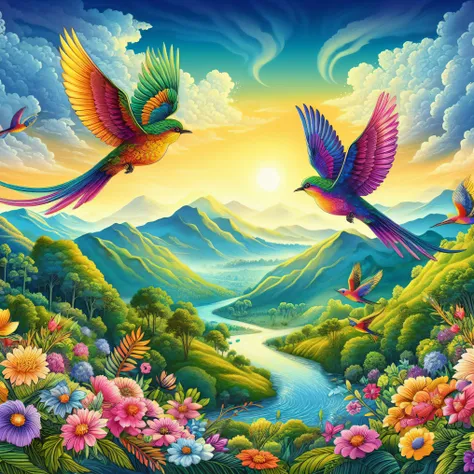 a painting of two birds flying over a mountain with flowers, mystical birds, large colorful images, beautiful art uhd 4 k, colorful hd picure, scenic colorful environment, mythical floral hills, beautiful and colorful, colorful birds, very colorful heavenl...