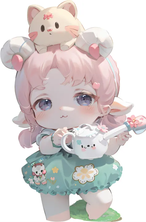 Sheep horns ,Lolita prostitute, cute character, , spoon pear slim loli figure,lalafell, small loli girl, 2D，Two-dimensional，anime，Celluloid，k hd，8K，Lovely wind，The kitten was lying on her head，Take a watering can