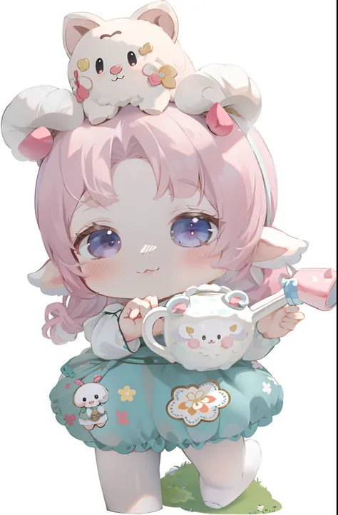 Sheep horns ,Lolita prostitute, cute character, , spoon pear slim loli figure,lalafell, small loli girl, 2D，Two-dimensional，anime，Celluloid，k hd，8K，Lovely wind，The kitten was lying on her head，Hold a watering can