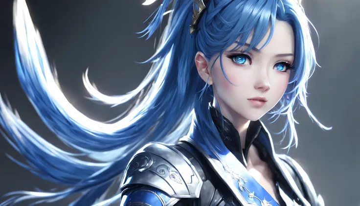 8K,Close-up of a woman in a blue and white dress、blue hairs, Super beauty,(Like the real thing)Blue eyes,poneyTail,Chengwei Pan on Artstation、 Yang J 作、 Detailed fantasy art、Stunning character art、 Fan Art Best Art Station、 Magnificent exquisite character ...