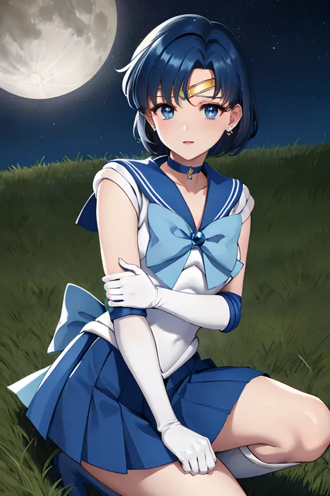 masterpiece, best quality, highres, mer1, tiara, sailor senshi uniform, blue skirt, blue sailor collar, tiara, bow, knee boots, choker, white gloves, blue choker, elbow gloves, jewelry, earrings, pleated skirt, night, grass, cowboy shot,