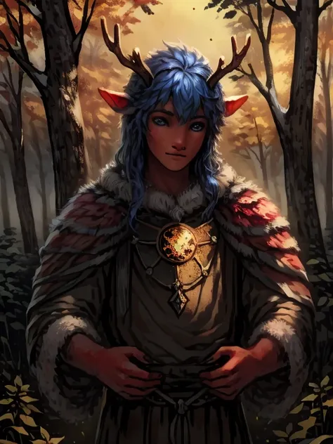 Tarot cards, Detailed juvenile male with red skin,navy blue hair, Two thin horns,Dressed as a druid,illustartion,Realistic,Harmonious colours,natural lighting,Forest setting