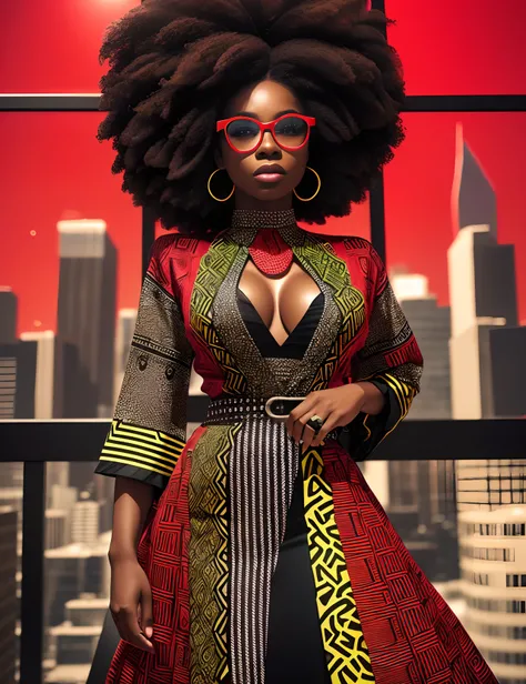 Wide angle shot of a Beautiful black woman with coloured curly hair and dressed in African designed high fashion  clothes, standing in a high fashion model pose in a cube glass room with red and green colours reflecting on the glasses,  whole scene in blac...