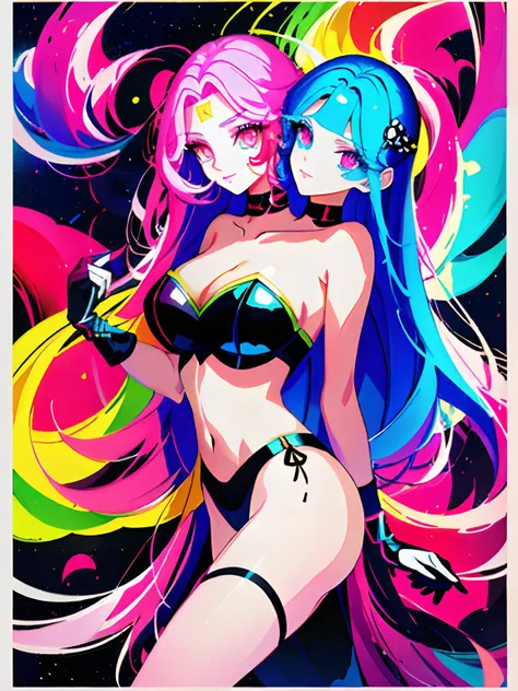 (masterpiece, best quality), best resolution, (2heads:1.5), 1girl, Woman with long light hair and bright makeup, perfect clear face, perfect anatomy, painting of a, Vivid neon ink painting, Vibrant digital painting, Vibrant digital art, colorful art, art o...