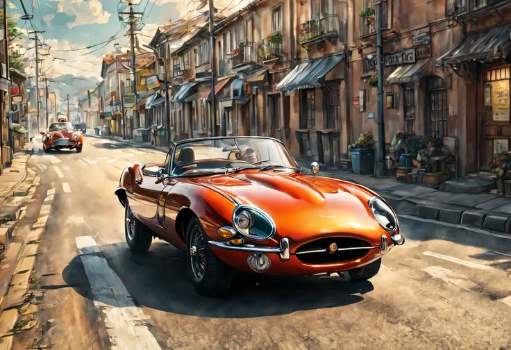 (best quality,4k,8k,highres,masterpiece:1.2),ultra-detailed,(realistic,photorealistic,photo-realistic:1.37),Jaguar Type E, driving on a road, manga-style drawing, Distant view, illustrated cars and landscapes, dynamic comic book style, vibrant colors, smoo...