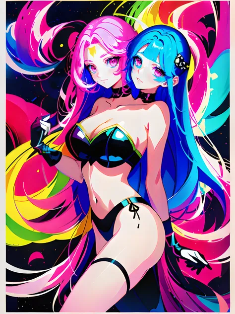 (masterpiece, best quality), best resolution, (2heads:1.5), 1girl, Woman with long light hair and bright makeup, perfect clear face, perfect anatomy, painting of a, Vivid neon ink painting, Vibrant digital painting, Vibrant digital art, colorful art, art o...