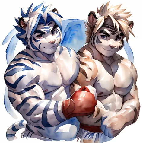 Hominidae, Pose for Camera. 4K, high resolution, Best quality, posted on e621, (Two anthropomorphic white tigers:1.2), male people, 20yr old, Thick eyebrows, Light blue stripes, Ultra-short hair, shaggy, Strong body, large pecs, ((Shirtless)), They are pra...