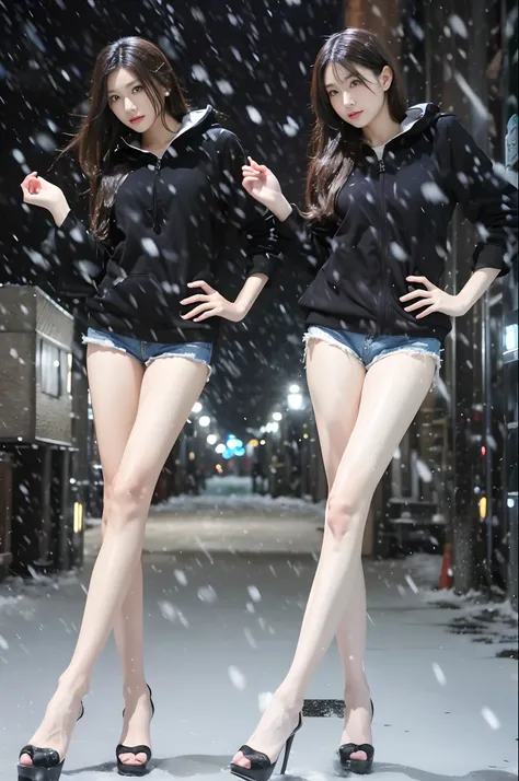 A Japanese Lady、beauitful face、二重まぶた、Big eyes、Long Black Hair、Micro shorts、beauty legs、Raw feet、pin heels、tall、super long legs、model poses、Sexy legs、Oyuki、snow cover、snow blowing、snowscape、heavy wind、Hair disheveled in the wind、－30°C、Snowy landscape at nig...