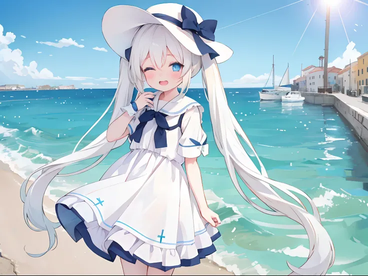 Cute little girl standing on the street in Mediterranean port city,Wind,pale blond hair, Blue eyes,very long twintails,White Dress,White hat,Blue sky,Laugh,double tooth,Closed eyes,Looking at Viewer,Lens Flare,Dramatic, Coastal