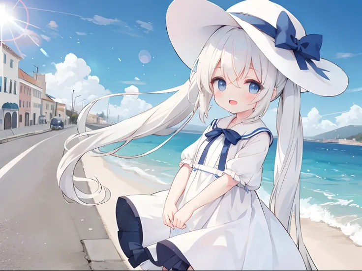 Cute little girl standing on the street in Mediterranean port city,Wind,pale blond hair, Blue eyes,very long twintails,White Dress,White hat,Blue sky,Laugh,double tooth,Closed eyes,Looking at Viewer,Lens Flare,Dramatic, Coastal