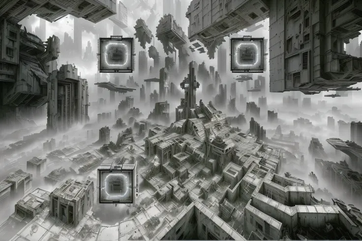 (masterpiece, best quality)+, derelict futuristic city, blocks of destroyed buildings, nature grows on ruins, Labyrinth, (plain black and white)++, intricate detailed linework and a gritty, realistic aesthetic, shading and cross-hatching, fractal_environme...