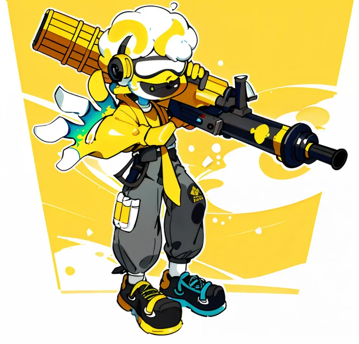 Cartoon of a boy holding binoculars and a backpack, Bright yellow is the dominant color，amarelo， Red，heavy lineart, sf 5 ink style, sf5 ink style, clean anime outlines, clean lineart, Simple lines of art, Line art!!, with splatoon style, thick lineart, thi...