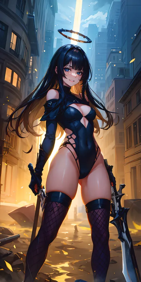 virtuosa_arknights, long_hair, bangs, black_hair, halo,  very_long_hair, black_eyes, blunt_bangs, 1girl, weapon, thighhighs, blue_eyes, solo, sword, leotard, black_hair, breasts, long_hair, thigh_boots, holding, standing, holding_weapon, dual_wielding, boo...