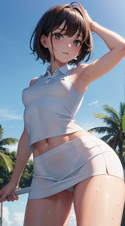 1girl, solo, white polo shirt, white sneakers, tennis wear, white miniskirt, masterpiece, best quality, realistic, hyper-detailed, (shiny skin, sweaty:1.4), absurd, looking at viewer, short black hair, brown eyes, slender, dynamic lighting, high resolution...