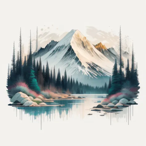 white background, landscape, paint, mountains with snow, water, lake , pine trees, t-shirt design, vector art