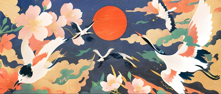 There are many birds flying in the sky，The background is the sun, Japanese style painting, in the art style of ukiyo - e, Japanese illustration, Floating tail-E style, inspired by Koson Ohara, Japanese art style, Ukiyo-e - E style, Ukiyo-e style, japanese ...