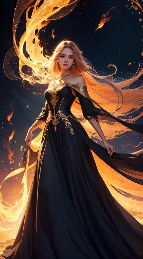 A woman in a long dress stands in the air，with black background，Star background，with light glowing,Smooth line feeling，Silky lines， glowing flowing hair, flowing glowing hair, dress made of fire, glowing golden aura, gold ethereal light, glowing magical sh...