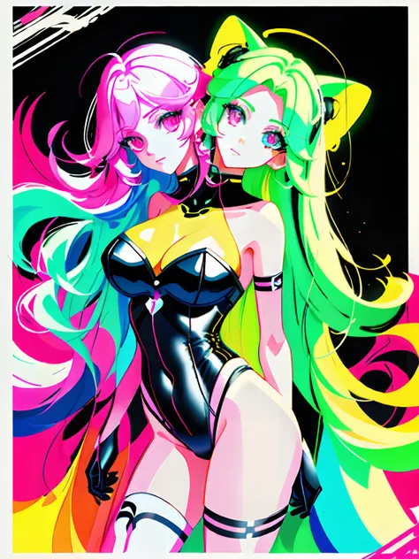 (masterpiece, best quality), best resolution, (2heads:1.5), 1girl, Woman with long light hair and bright makeup, perfect clear face, perfect anatomy, painting of a, Vivid neon ink painting, Vibrant digital painting, Vibrant digital art, colorful art, art o...