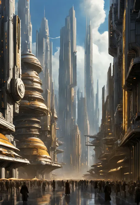 The city of Coruscant from Star Wars as designed by Doug Chiang, futuristic fantasy city with immense buildings of technological design (que forman una avenida infinita), edificios compactor no difuminados, con estructuras acristaladas en plata, oro y bron...