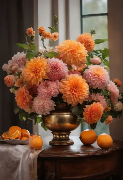 There is a vase on the table，It is covered with flowers and oranges, a pastel inspired by François Boquet, unsplash, baroque, Magnificent composition, dahlia flower, paper chrysanthemums, floating bouquets, Magical flowers, realistic flowers oil painting, ...