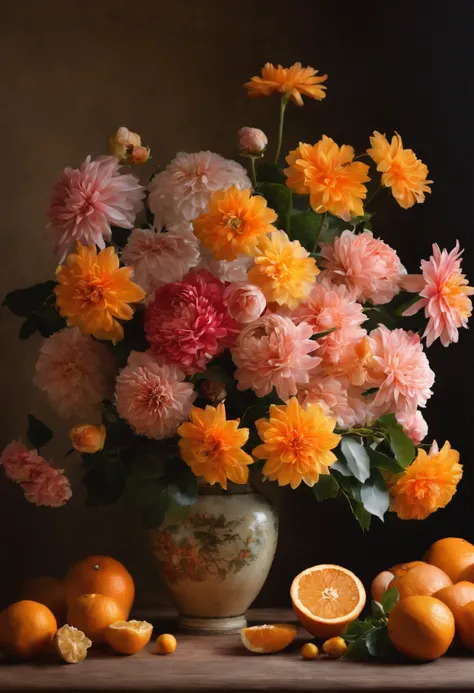 There is a vase on the table，It is covered with flowers and oranges, a pastel inspired by François Boquet, unsplash, baroque, Magnificent composition, dahlia flower, paper chrysanthemums, floating bouquets, Magical flowers, realistic flowers oil painting, ...