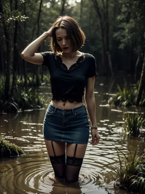 (Best Quality,hight resolution:1.2),Mature Fallen Woman,,wrinkles,Bob haircut,(jeans skirt:1.05),lace blouse,(lace stockings with garters), standingn, ( drowning in a swamp:1.2),expression of despair,Dark and moody lighting, terror. The pose expresses a so...