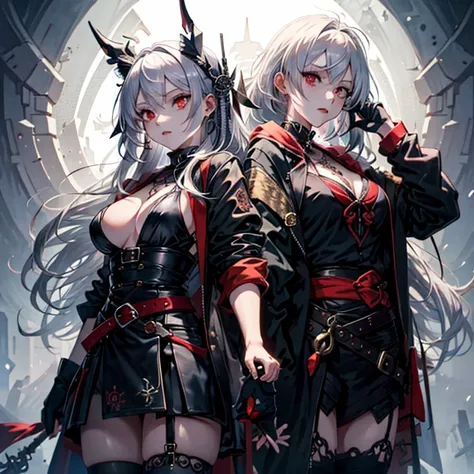 Waist-length silver hair,red eyes,A girl with modest breasts dressed in a goth-style vibe,Shinigamikaze,Ephemeral,