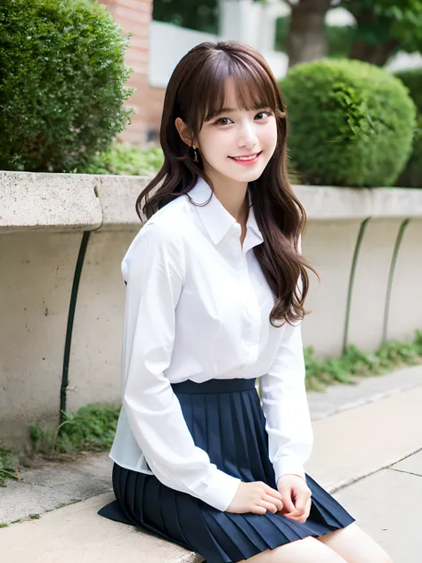 hight resolution,masutepiece,Best Quality,Extremely detailed, hyper realisitic, girl with, sitting, Put your hands on your knees, hair wavy, a smile, Black pleats skirt, white oversize shirt,Avert your eyes, Very beautiful,cute, 8K Wallpaper, Fine detail, ...