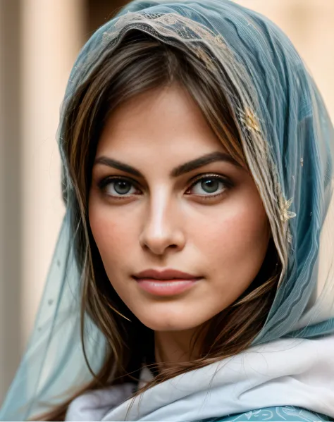 eine Nahaufnahme einer Frau (Eva Mendes) mit einem bunten Schal, Beautiful eyes and face, gorgeous woman, Exotische Augen, extremely beautiful face, very nice portrait, Perfektes Gesicht und perfekte Augen, very beautiful woman, extraordinarily beautiful e...