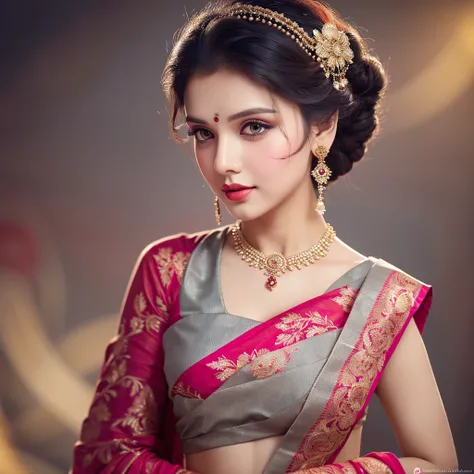 perfect pink eyes, fantastic face, Indian, beautiful look, detailed elegant printed red saree, updo elegant hair, blurred gray tones background, ultra focus, face ilumined, face detailed, 8k resolution, painted, dry brush, brush strokes, razumov style and ...